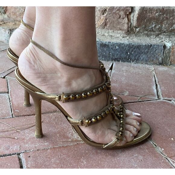Jimmy Choo Gold Metallic Leather And Jewel Embellished Strappy Sandals - Picture 7 of 12